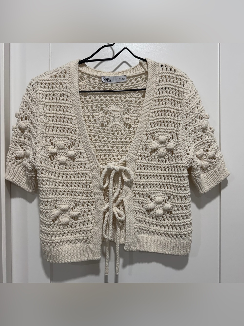 ZARA Cream Crochet Tie-Front V-Neck Sweater